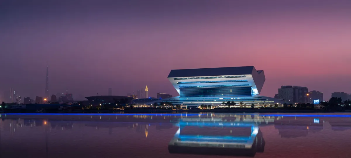 The Mohammed Bin Rashid Library building and waterfront in Dubai