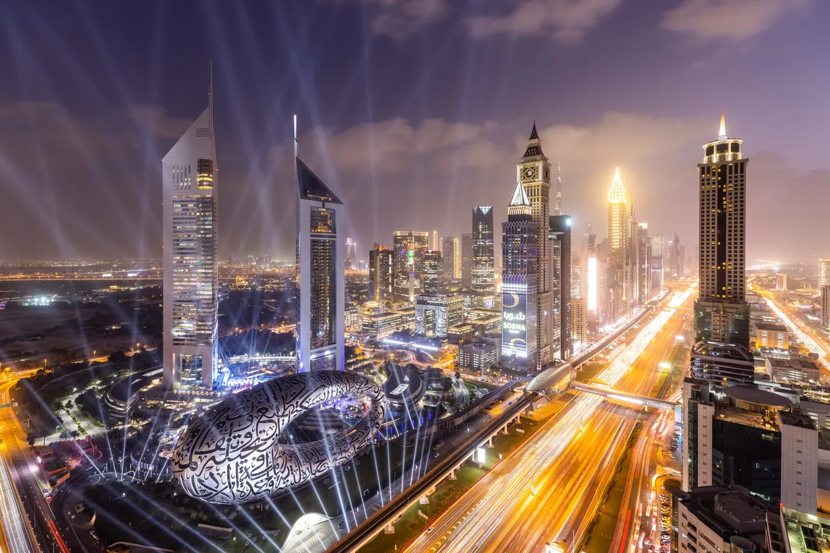 Jumeirah Emirates Towers, twin glass towers rising above Sheikh Zayed Road in Dubai.
