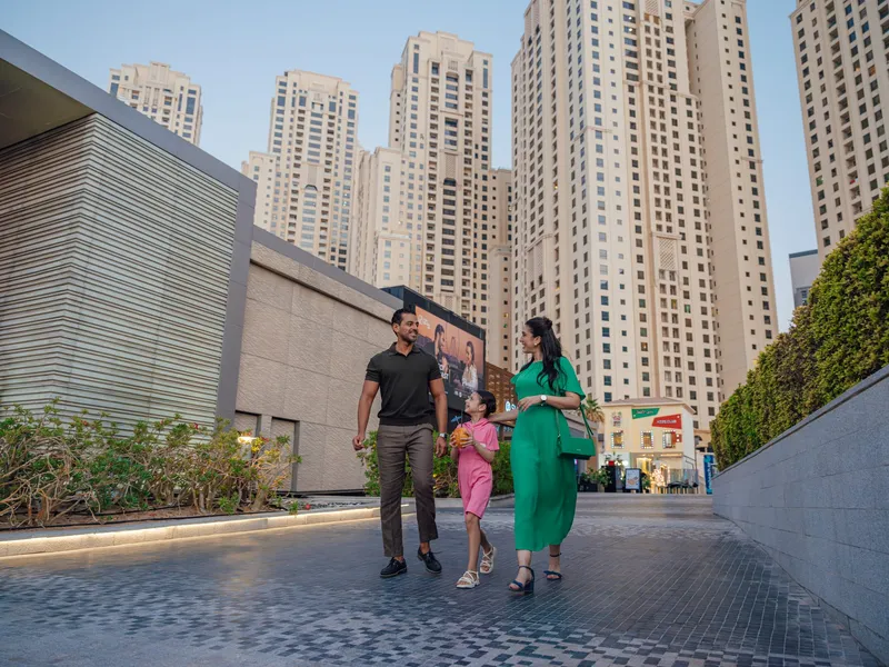 The Dubai Marina and JBR towers along the waterfront.