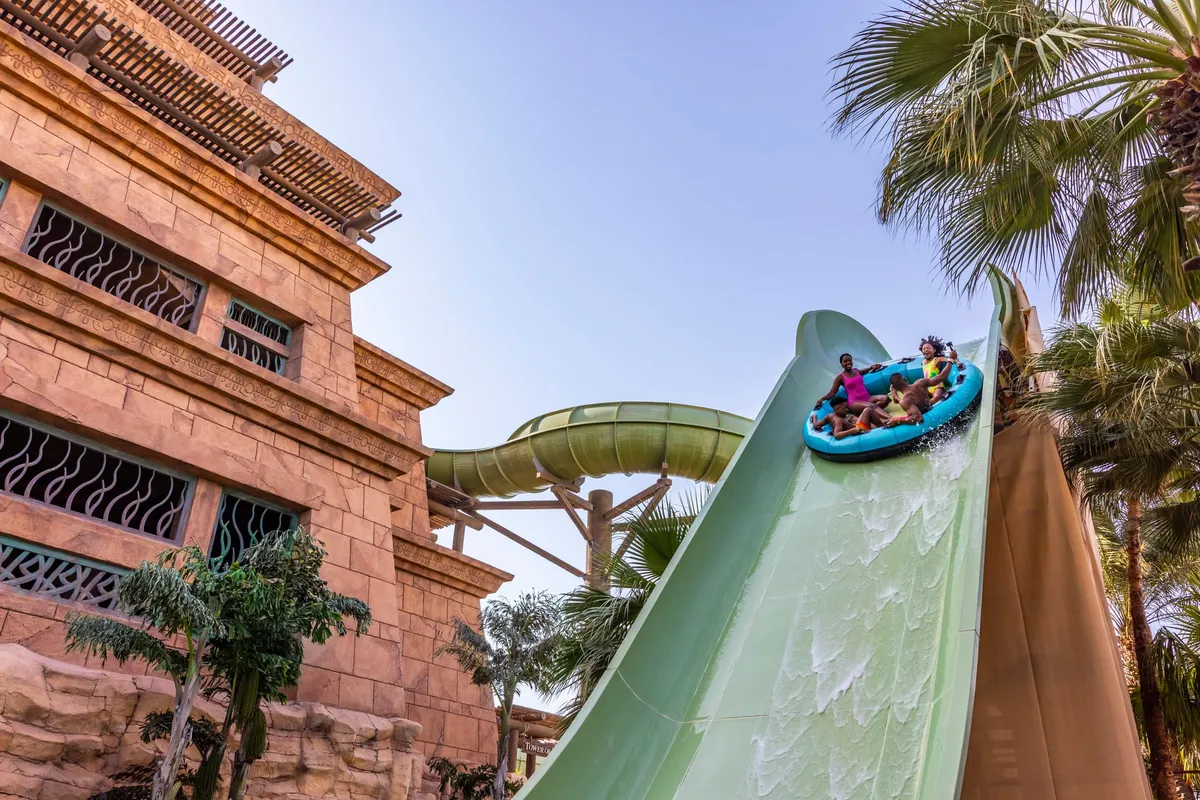 Aquaventure water park at Atlantis with its iconic slides and tropical lagoon pools